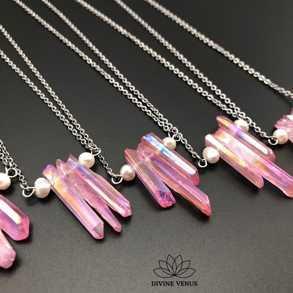 Angel Aura Pink Quartz x Pearls Necklace | Stainless Steel Chain - Picture 13 of 15
